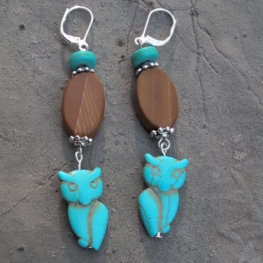 Turquoise stone owl brown Fossilized Wood drop earrings silver Accents Handmade